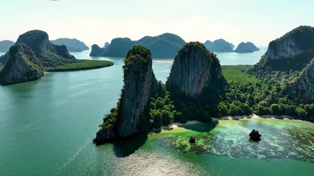 Aerial drone view of tropical islands with limestone karsts and turquoise water