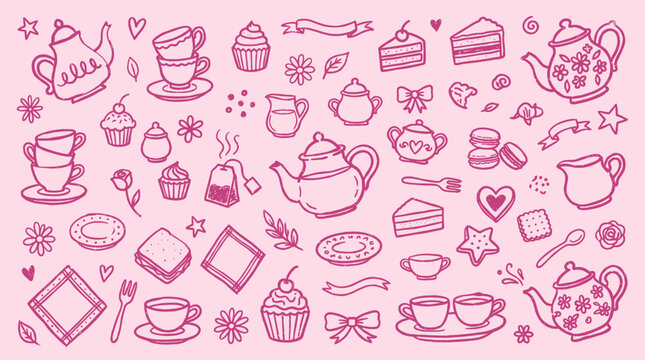 Doodle tea party collection with cakes and teapots on pink background