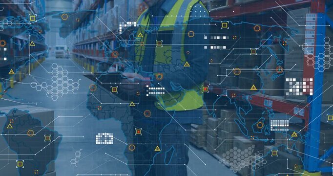 Warehouse worker tapping tablet, animating world map nodes and hex, scanning racks, updating stock