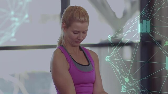 Woman grabbing weights curling then pressing up repeating for strength while finance overlay rising