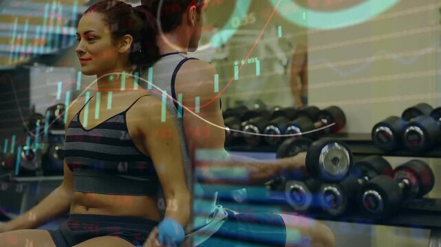 Couple sitting back-to-back starting upright doing dumbbell curls while fitness HUD tracking form