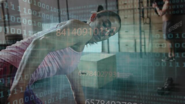 Vertical video: Woman doing one-arm dumbbell rows in gym pulling weight tracking metrics updating