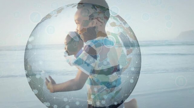 Two kids running along shore, globe growing around them while running, breaking handhold, education