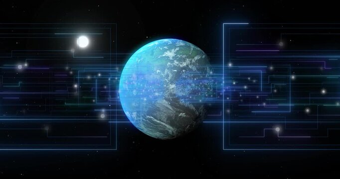 3D planet rotating as neon grid activating, circuits pulsing and nodes streaking, showing network