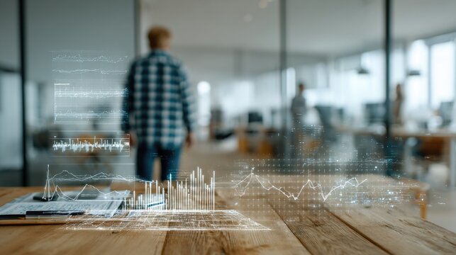 A man in a plaid shirt stands in a modern office with a wooden table and graphs in the foreground