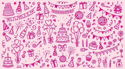 Fototapeta premium Hand drawn birthday party celebration elements doodle set on pink background