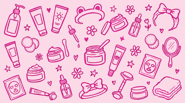 Hand drawn doodle skin care routine elements collection on pink background