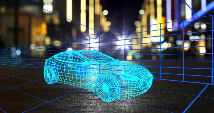 Cyan wireframe car pulsing and glowing on startup, grid forming holographic demo for designers