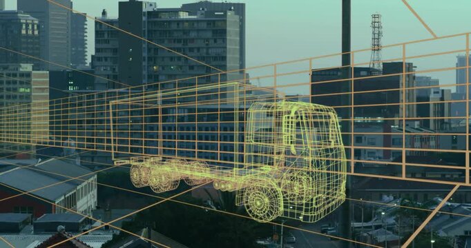 On play, yellow wireframe truck aligning into orange grid over city skyline for transport planning