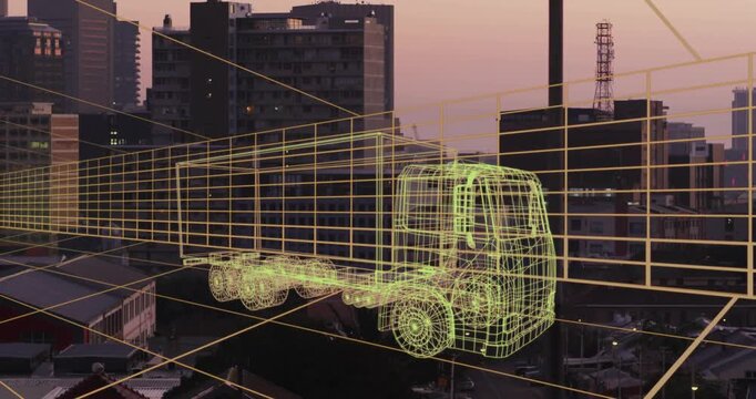 Neon-green wireframe truck forming and aligning above roofs after yellow grid expanding to show 3D
