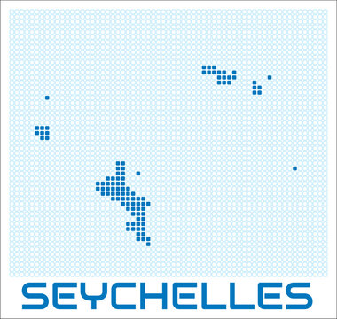 Seychelles digital style map with blue rounded rectangle dots. Seychelles. Dotted shape of the island. Blue colored map and title on white background. Awesome Vector Illustration.