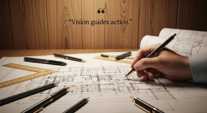 Hand sketching architectural blueprint with quote "Vision guides action."