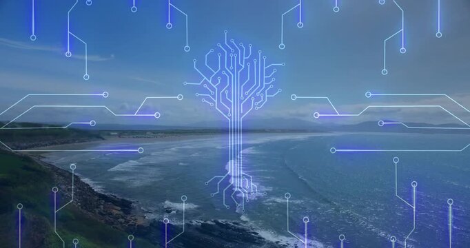 Vertical video: Crescent glow sparking circuits, drone filming bay showing tech tree for data