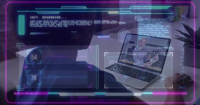 Female viewer using laptop, initiating HUD scan with readouts, host showing document for training