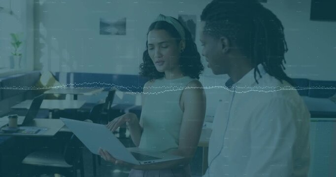 Woman pointing laptop, page and guiding man through business doc review, audio waveform overlaying