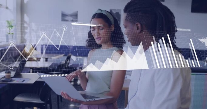 Woman holding laptop, gesturing, activating HUD graphs evolving into bars and map for business