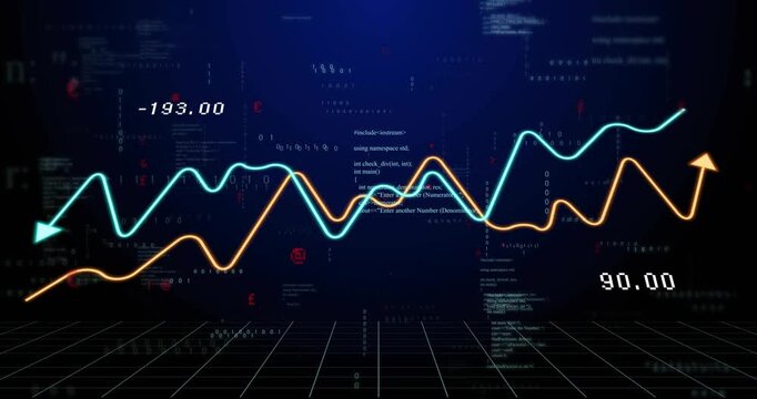 Incoming data driving cyan orange traces crossing then fading over tech grid, code updating