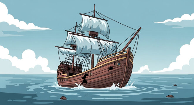 Cartoon Galleon Sailing on the Open Sea with White Sails.