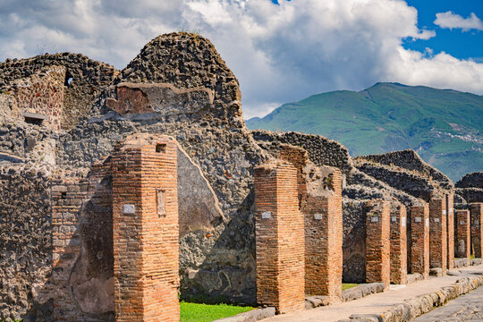 The ancient architecture at Pompeii Archaeological Site, Italy, on a sunny day.