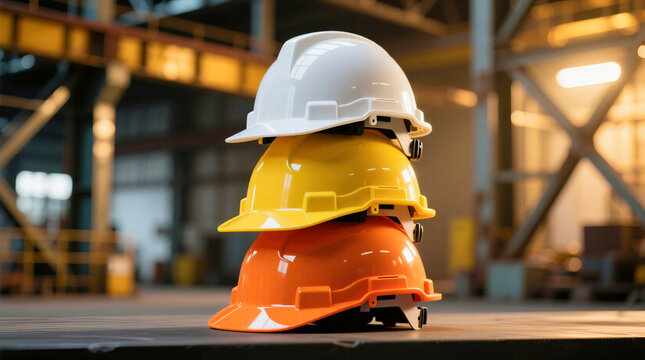 Stack of colorful hard hats in a factory setting, symbolizing safety and teamwork