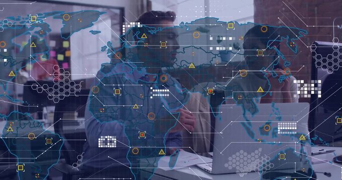 Man leaning and gesturing at laptop, starting tech map and data overlay building as woman listening