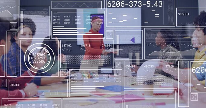 Slide change starting presenter moving, gesturing and handing paper for review while HUD changing