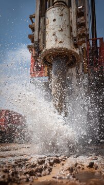 Stunning photo of close-up of a large drilling rig splashing water and mud during borewell excavation at an industrial construction site.