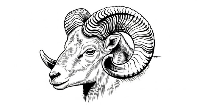 Detailed Line Art Illustration of a Rams Head with Curled Horns.