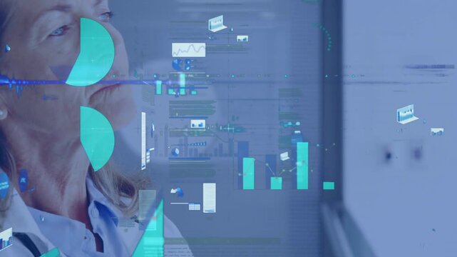 Senior doctor lowering hand, turning head while projected medical charts appearing, analyzing data