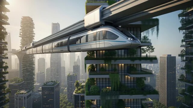 Stylish commuter train rides high above urban trees and vibrant city streets