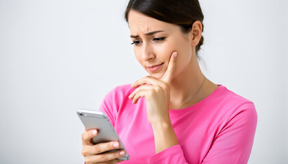 Naklejka premium Confused Woman with a Smartphone: A woman is engrossed in her phone, brow furrowed in concentration. She touches her chin with a finger, her expression a mix of perplexity and contemplation.