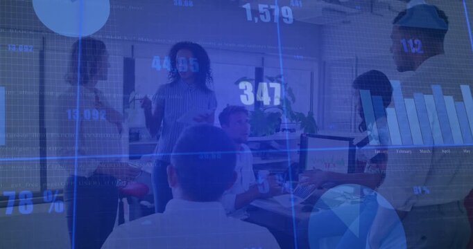 Lead speaker handing sheet and pointing, business team reviewing data as animated charts updating
