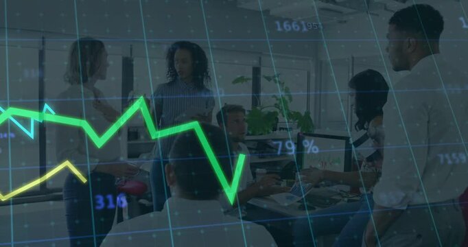 Analyzing team discussing animated charts in open-plan office, wearing business shirts with laptop