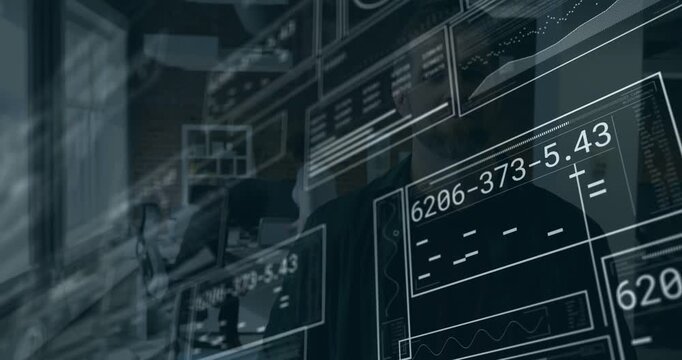 Vertical video: Dashboards sliding in, man surfacing while graphs updating for business team