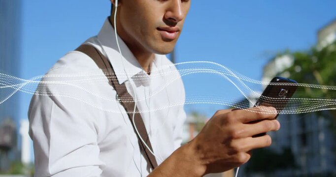 Vertical video: Man tapping phone, playing audio and scrolling while waveform crossing frame