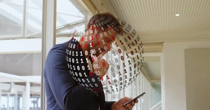 Vertical video: Man tapping phone by glass, summoning binary sphere over chest for tech use