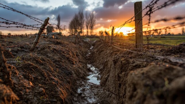 Stunning photo of muddy trench and barbed wire at sunset, a somber historical landscape.