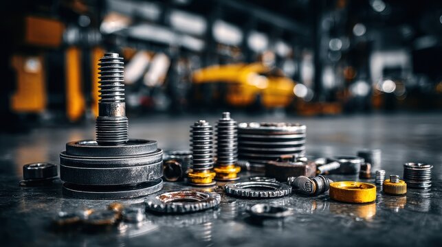 Stunning photo of various car spare part on the garage floor on a car background, auto repair shop or auto parts store concept.