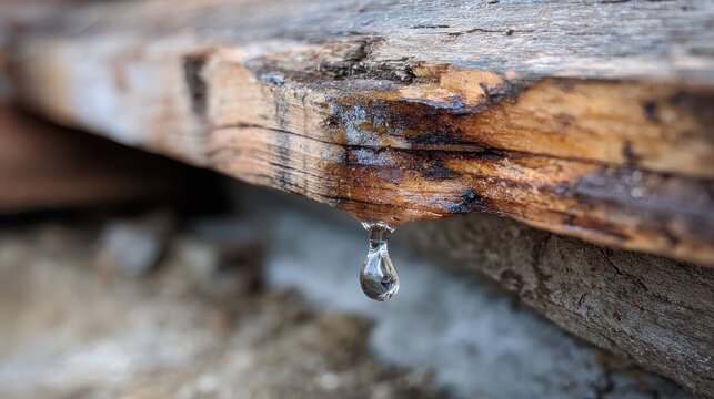 Stunning photo of water droplet leaking from a rotting wooden beam in a damp attic or crawl space, showing home roof leak damage.