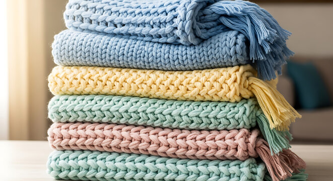 A colorful stack of knitted blankets and throws presented on transparent background