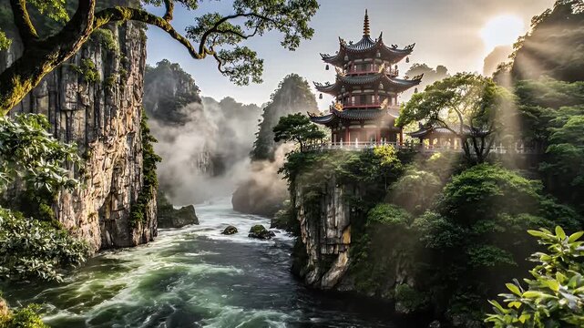 A Mist-Shrouded Canyon Scene with a Traditional Chinese Pagoda Overlooking a Turbulent River Gorge