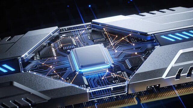 Microchip embedded in metallic case showing vibrant neuralinspired copper routes