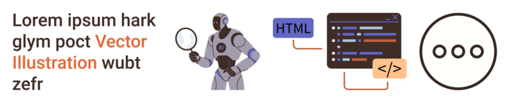 Technology, artificial intelligence, programming, coding, robotics, innovation. Robot holding magnifying glass beside programming interface and loading icon. Technology and artificial intelligence