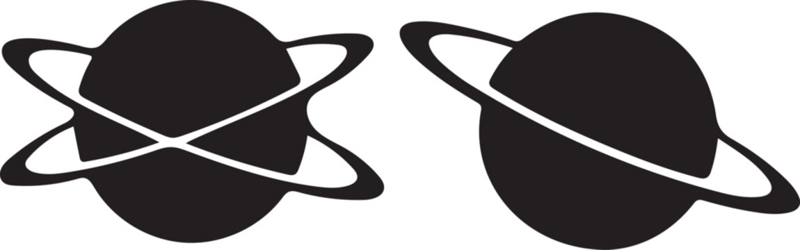 Abstract solid black fill vector silhouette design featuring two stylized planets with distinctive rings, ideal for astronomy-themed graphics and iconic representations