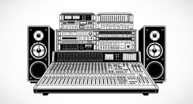 Detailed Illustration of a Vintage Audio Mixing Console and Speakers.