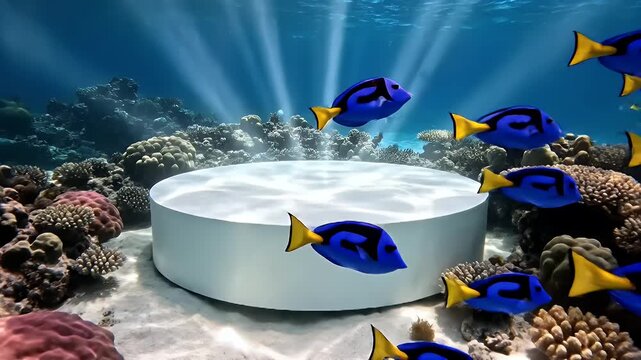 A round pale fish adorned with blue spots glides near a vibrant tropical coral reef
