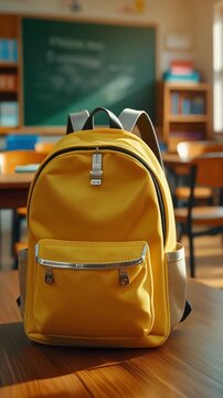 A vibrant yellow school backpack rests on a wooden desk in an empty classroom setting, evoking a back to school theme and the start of a new academic year. Available on 4k quality vertical video.