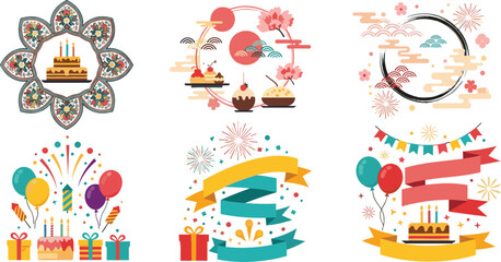 Festive Birthday and Celebration Design Elements Set with Cakes, Balloons, Fireworks, Ribbons, Gifts, and Decorative Frames for Party Invitations and Greetings © MstMukta
