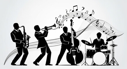 Fototapeta premium Silhouetted Jazz Band Performing with Musical Notes and Instruments.
