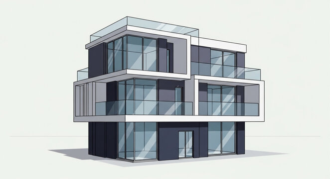 Modern Three-Story House with Glass Walls and White Frames.